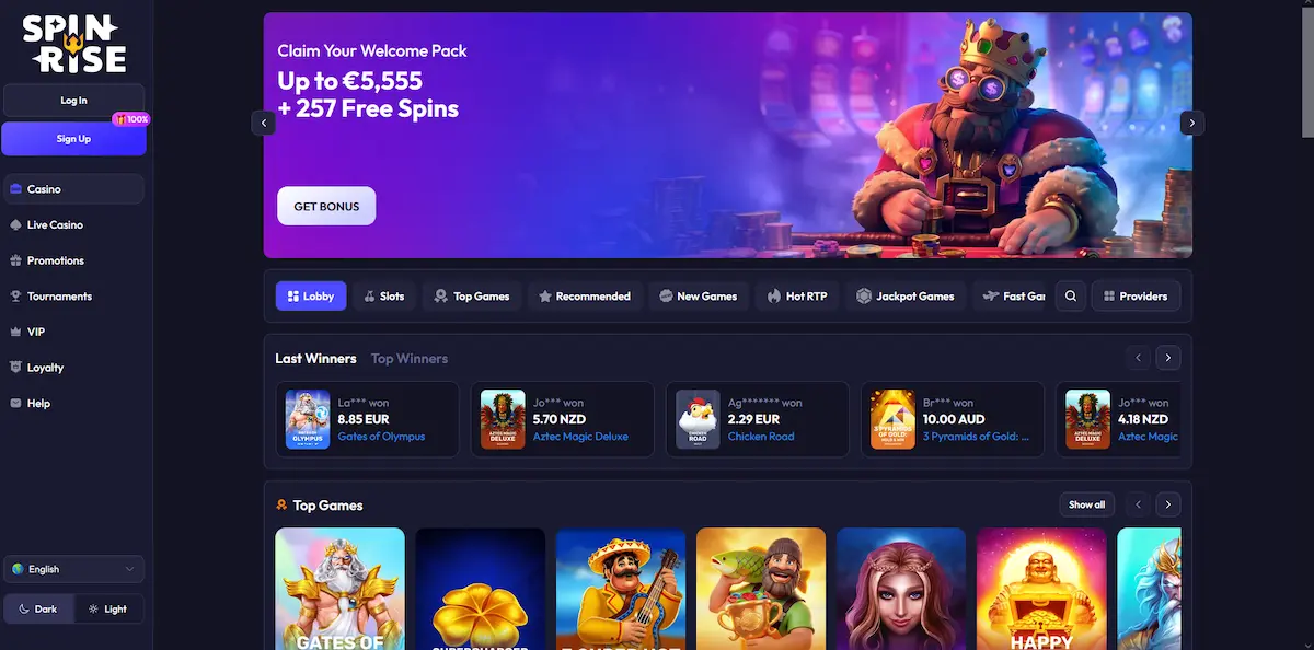 Spielhalle von Spinrise Casino mit Slots und Kategorien
