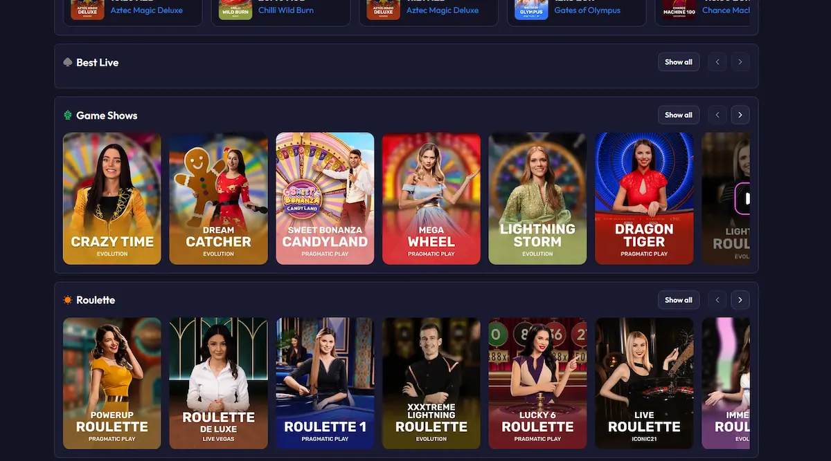 Live-Casino-Lobby von Spinrise mit echten Dealern