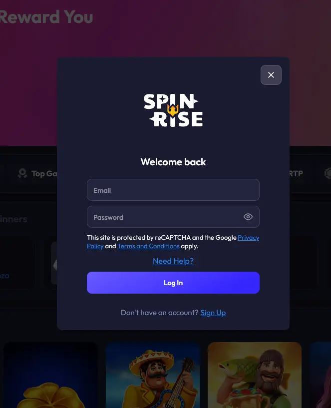 Anmeldemaske für den Login bei Spinrise Casino